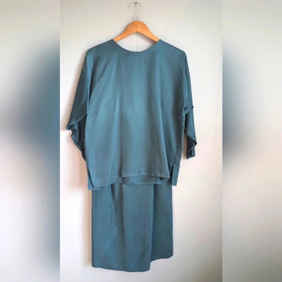 Eileen Fisher Silk Set Teal Blue Blouse and Skirt Small Luxe Minimalist - Picture 1 of 8